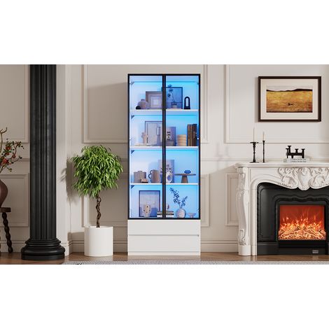 Vitrina alta 80x34x200 cm de MDF blanco, 2 cajones y LED con app para salón – MEUBLIV (1/5)