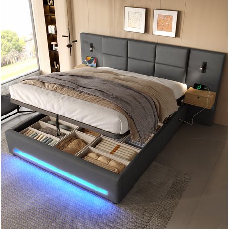 lit adulte rangement 180x200 velours gris fonce USB OKMYHOME (1/5)