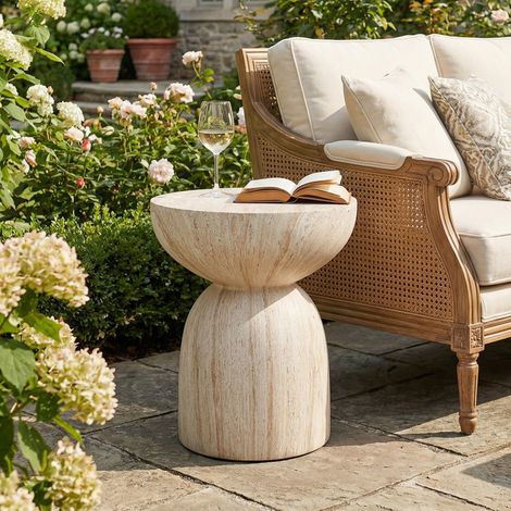 Table d’appoint, pour jardin et terrasse, usage mixte intérieur extérieur jardin balcon aspect travertin, style moderne
