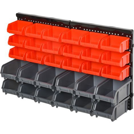 Système de rangement mural avec étagère et boîtes empilables, 30 boîtes, 2 panneaux perforés, 37,5 cm x 18 cm x 63 cm, rouge + gris + noir (1/5)