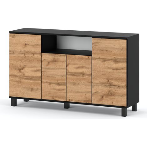 Commode enfant 140 cm 4 tiroirs – Noir et chêne Wotan – Panneaux de particules laminés – Système d’ouverture sans poignées (1/5)
