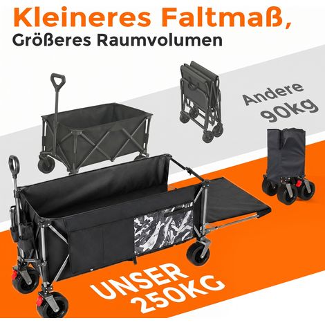 Chariot pliable 300L + 120L avec hayon, remorque pliante 180 cm, roues tout-terrain extra larges 17x10 cm, parfait pour jardin, courses, plage et extérieur (noir) (1/5)