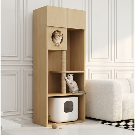 Armario para arenero de gato con rascador y almacenamiento, MDF natural, 80 x 45 x 193 cm (1/5)