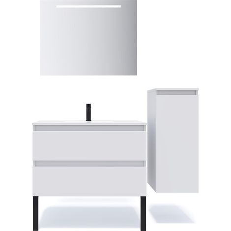 Meuble de salle de bain suspendu vasque intégrée 90cm 2 tiroirs Blanc + miroir + colonne ouverture droite - Hudson (1/5)