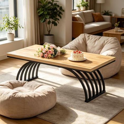 Mesa de centro de 120 cm, diseño abierto, tablero de madera, metal negro y marrón (1/5)