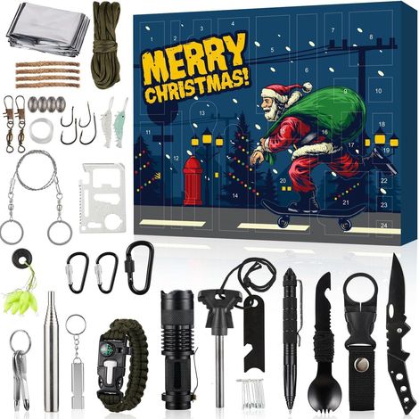 Calendrier de l’Avent kit de survie, coffret surprise 24 jours Noël, outils tactiques extérieurs pour camping randonnée, boîte mystère accessoires urgence, cadeau original pour aventuriers et amateurs