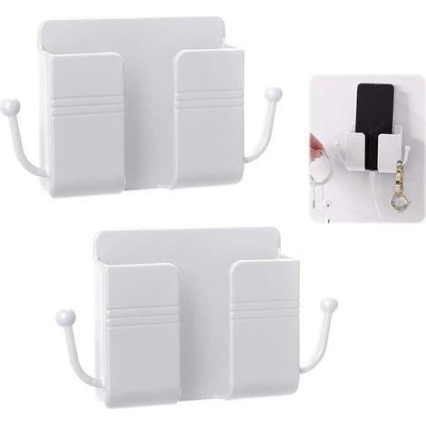 Set di 2 supporti da parete per cellulari, contenitori per telecomandi TV, in ABS con gancio, organizer da parete, mini scatola portaoggetti autoadesiva, supporto di ricarica per casa e ufficio. (1/5)