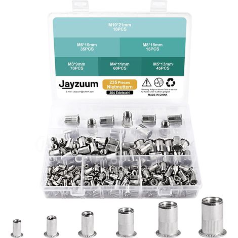 Lot de 235 écrous à rivets M3 M4 M5 M6 M8 M10 en acier inoxydable Alliage de zinc hexagono encastré Inserts filetés Embouts écrou Kit meubles en bois (1/5)