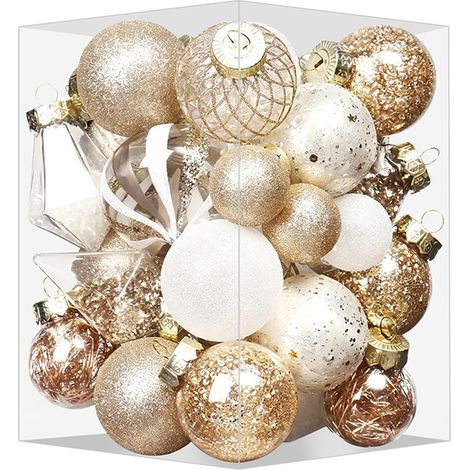 Un juego de 34 adornos navideños con formas únicas en color champán y blanco, perfectos para decorar árboles de Navidad. (1/4)