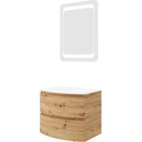 Meuble de salle de bain suspendu 70 cm en bois de chêne doré avec vasque - Arona - Avec miroir et lampe LED