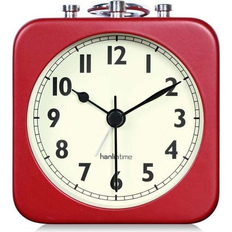 Réveil analogique carré rouge silencieux, petit réveil de voyage en métal pour chambre d'enfant, table de chevet, salon ou bureau. (1/5)