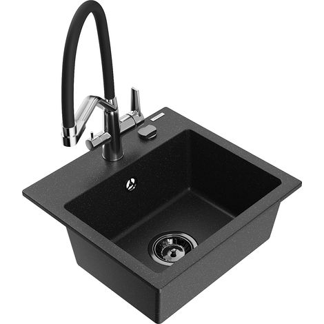 Mexen Milo évier en granit 1-bassin avec robinet de cuisine Duo, noir/argent métallisé - 6505-73-671701-07-B (1/5)