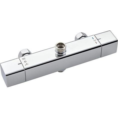 Mezclador termostático para ducha con 2 salidas, grifo cuadrado de pared, salida superior de 3/4" BSP (26,4 mm) y salida inferior de 1/2" BSP (21 mm), acabado cromado.