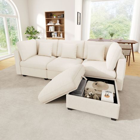 Canapé d'angle en L modulable – 4 places, ottoman avec espace de rangement, accoudoirs à pochettes, 3 coussins moelleux, tissu chenille à texture waffle, beige tendance – idéal pour petit espace (1/5)