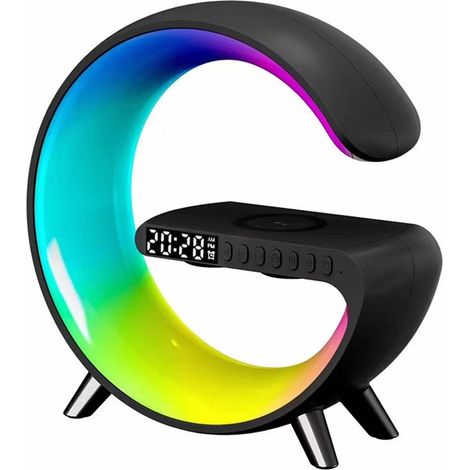 Luce sveglia - Sveglia - Altoparlante Bluetooth - Caricabatterie wireless - Radiosveglia - Lampada LED - Lampada da scrivania - Luce notturna - Compatibile con Google Home e Alexa - Nero