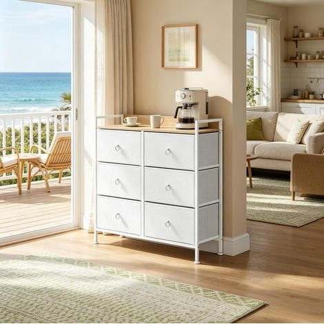 Cómoda de 6 cajones 80 x 29 x 78 cm en madera de ingeniería, metal y tejido blanco HAVRYA (1/5)