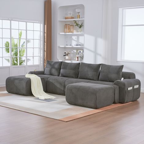 Sofá modular de pana gris oscuro 4 plazas con 2 puff, portavasos y bolsillo lateral, 333x174x80 cm (1/5)