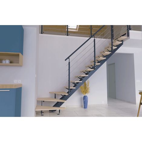 Escalier 1/4 Tournant Métal et Bois Anthracite 14 Marches Pin Brut Twin France (1/5)