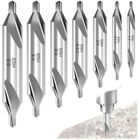 Foret a Centrer,Lot de 7 Forets à Centrer HSS,60° Forets de centrage HSS,Meche à Centrer,Foret à Deux Extrémités,Center Drill Bits,pour Traitement Dufer,Acier,Cuivre,Aluminium,Ø 1/1.5/2/2.5/3/4/5mm (1/5)