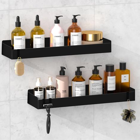 Étagère Douche en Métal Lot 2, Etagere Salle de Bain Sans Percage 40CM Etagere Douche Sans Percage, Colle(4 kg) ou Vis(7 kg) par Étagère, Trous Drainage, Inox+Couche Antirouille, 8 Crochets (1/5)