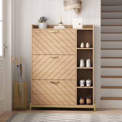 Comanlai - Meuble à chaussures - Meuble entrée scandinave fin avec 3 portes abattantes aspect chêne étagères - Naturel (1/5)