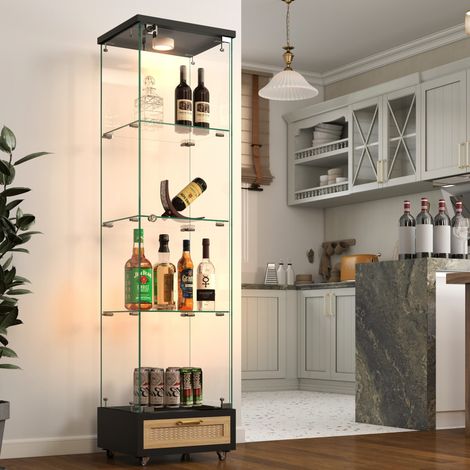 Vitrine 42.5x36.5x167 cm noire en MDF et verre trempé avec LED 13 couleurs, roulettes et rangement sécurisé (1/5)
