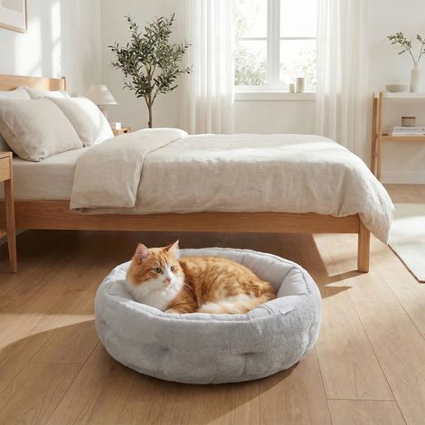 Cama reversible para gatos, cama de interior para gatos y perros pequeños, cama redonda con borde de soporte, gris claro.