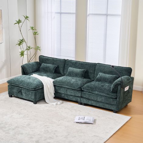 Moderner 2-Sitzer aus Chenille. Komfortfüllung aus Schaumstoff & Memory Foam. Mit USB-Anschluss, Seitentasche, Handyhalter und modularen Hockern. Ideal für Wohnzimmer und Home-Office.Smaragd