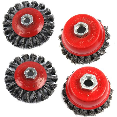 4pcs Carbon Steel Twisted Knotted Wire Brush Set for 115mm Angle Grinder (75mm x2, 100mm x2) (1/5)