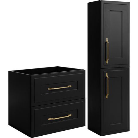 Rodan Badschrank 140 cm, Weiß Matt und Holz, 46 x 140 x 57 cm, geriffelte Türen, schwarze Platte, mit Badregal, feuchtraumgeeignet