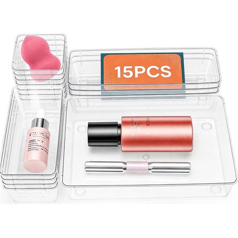 Lot de 15 Organisateurs de Tiroirs en Transparent - Rangement Tiroir Cuisine Plastique avec 4 Tailles Rangement Coiffeuse Tiroirs Boite Rangement Salle de Bain pour Salle de Bain, Coiffeuse, Bureau (1/5)