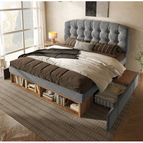 Letto imbottito moderno 90x200 cm in velluto grigio con testiera regolabile, rete a doghe, cassetti e vani portaoggetti