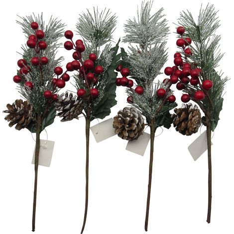 Christmas Artificial Snowy Yew Branch Decoration X4 (Festive Berries Plant Ornament Pine Cone) (1/5)
