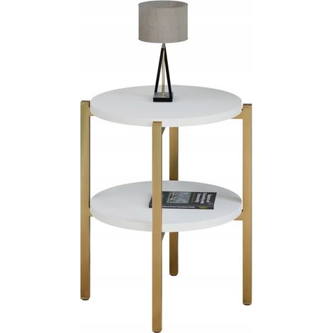 Table de chevet ronde moderne avec étagère 35x35x46 cm métal doré (1/5)