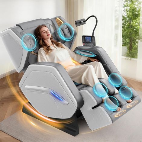 Fauteuil de massage, fauteuil de massage complet, 14 rouleaux de massage, massage des pieds, 8 coussins gonflables, haut-parleurs Bluetooth, écran tactile, gris clair