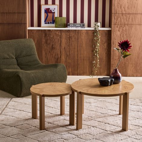Lot de 2 tables basses gigognes rondes plateau effet chevrons Ø70cm / Ø50cm - Zala