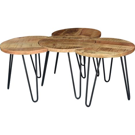 M&S – Lot de 4 tables basses rondes 50x40 cm – Manguier massif et acier laqué – Design empilable pour agencement flexible – Couleur naturelle et noire