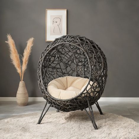 Abri chat en rotin avec coussin gris argenté Ø52 x 58 cm (1/5)