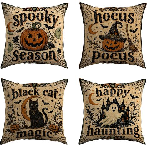 Fundas de cojín decorativas de Halloween de 45 x 45 cm (juego de 4). Bonitas decoraciones de Halloween para salón, exteriores, calabaza, gato, fantasma. (1/4)