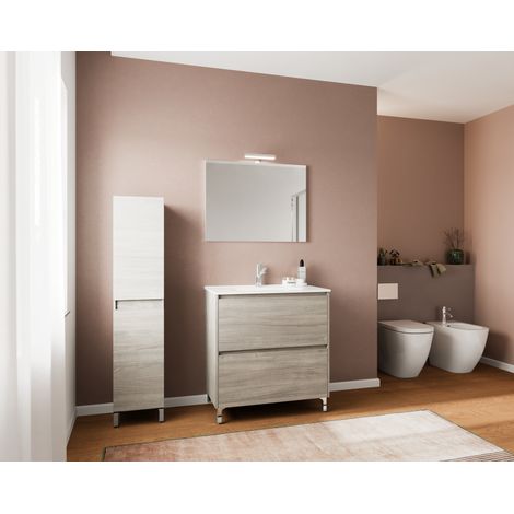 Mueble de baño de pie de 80 cm en madera de roble gris con lavabo y espejo - Francia - Con columna espejo y lámpara LED - Accessorio: Con specchio e lampada LED (1/5)