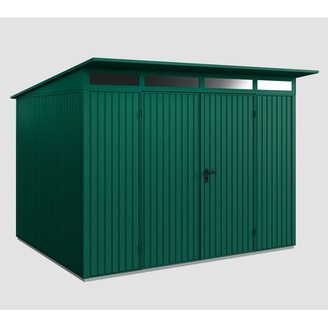 Hörmann Ecostar Metall-Gerätehaus Trend mit Pultdach Typ 3, 313 x 283 cm, moosgrün, 7,2 m², 2-flüglige Tür