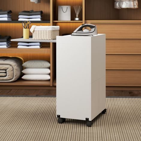 Tabla de planchar plegable con ruedas y puertas de apertura por presión, bisagras de cierre suave, color blanco.