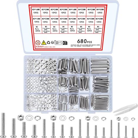 680 Pcs Kit de Vis à Tête Fraisée avec Écrous et Rondelles, M3 M4 M5 M6 Acier Inoxydable Vis à Machine à Tête Cruciforme Assortiment de Vis et Écrous avec Kit de Rondelles (1/5)
