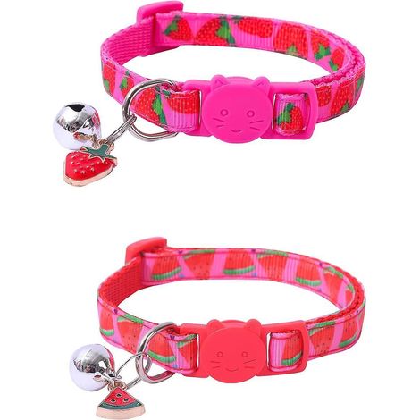 Set mit 2 Katzenhalsbändern mit Fruchtaccessoires (Erdbeeren und Wassermelonen), verstellbares Halsband für kleine Katzen mit Glöckchen und Knopf (1/5)