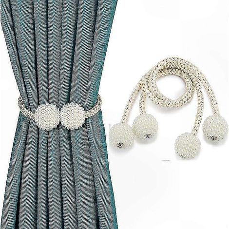 Jeu de 2 embrasses magnétiques pour rideaux, crochets décoratifs en corde beige pour voilages et tentures, fixation sans perçage (1/5)