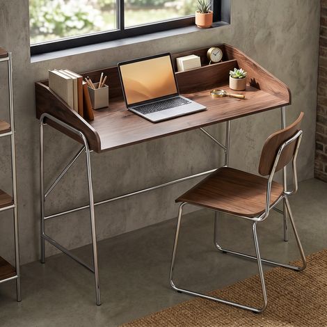 Bureau, bureau d'ordinateur 109 cm avec rebord de sécurité et structure en métal, noyer