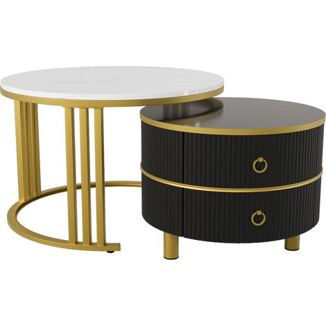 Mesa de centro nido redonda 2 en 1 MDF brillo y mármol blanco con 2 cajones HOMVRA (1/5)