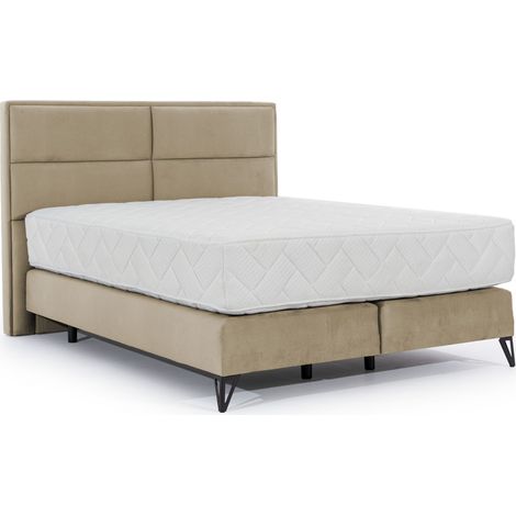 Lit continental tissu beige Tiempo avec matelas 30cm en latex et pied métal noir-140x200 (1/5)