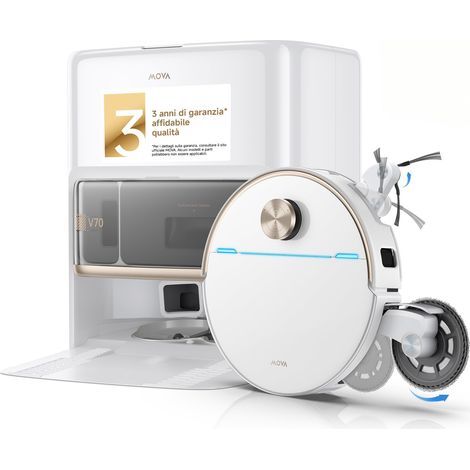 MOVA V70 Ultra Complete Robot aspirapolvere, estensione MaxiReachX, aspirazione 40.000 Pa, pressione 15 N e pulizia 300 giri/min, superamento ostacoli fino a 9 cm, serbatoio per la polvere EcoCyclone. (1/4)