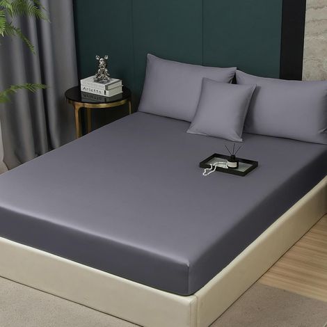 Drap-Housse 180x200 - 1 Pièce - Satin De Coton Et Lyocell - Doux Et Respirant - Pour Matelas 30cm - Gris (1/5)